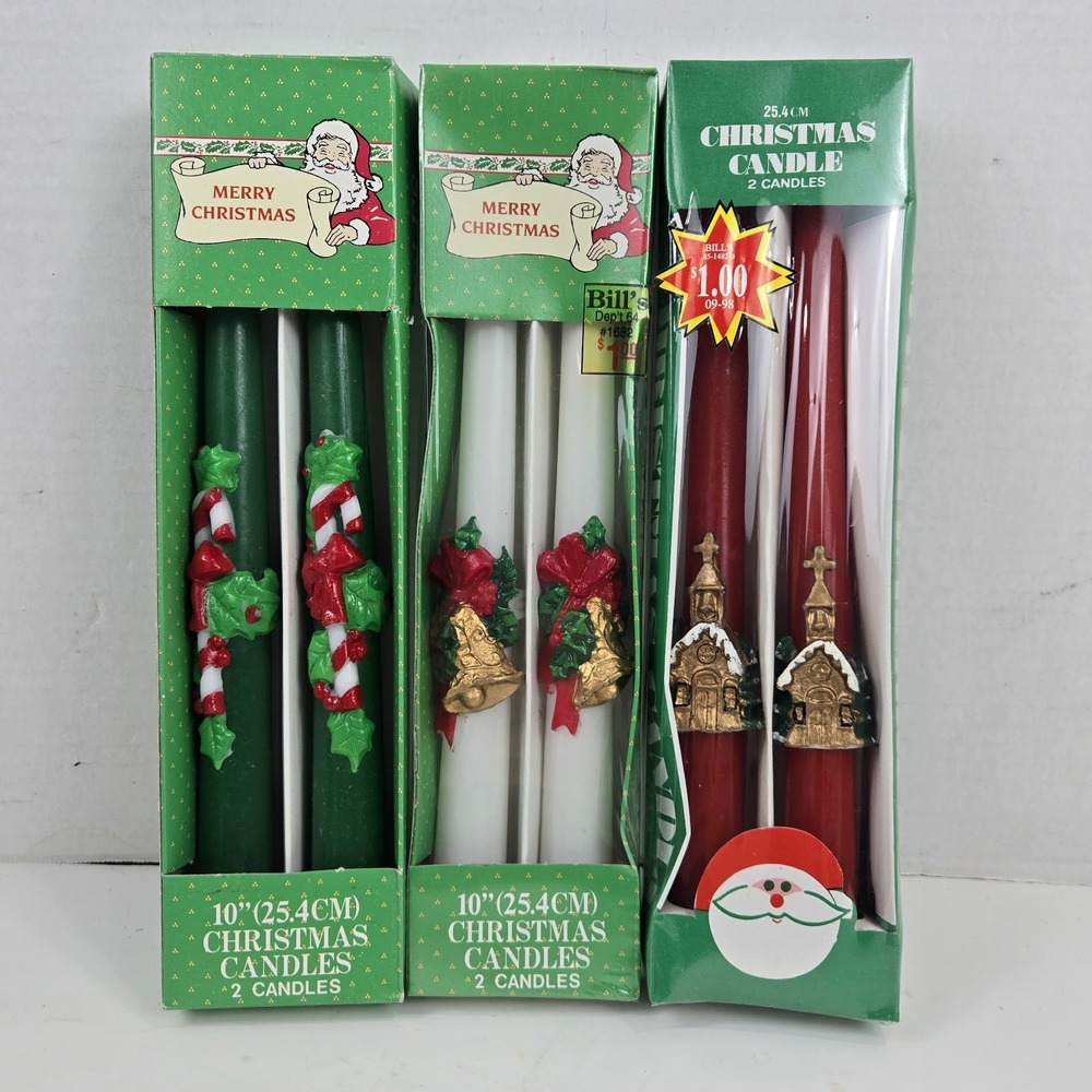 3 Vintage Sets of 2 Christmas 10" Taper Candles Candy Canes Bells Chapels NOS